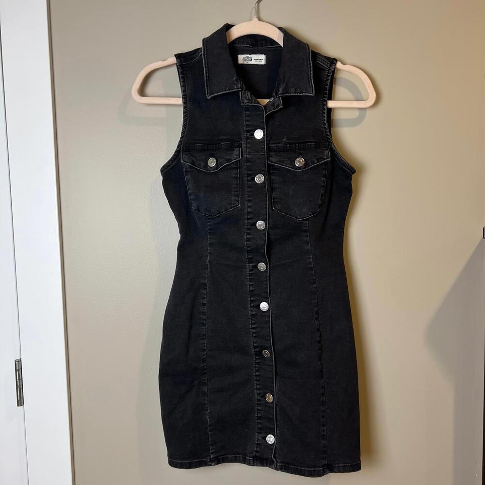 ZARA Black Denim Button-Down Mini Dress - XS
